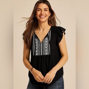 Maurices Black Blouse with White Embroidery